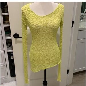 Remain yellow open knit long sleeve scoop neck top